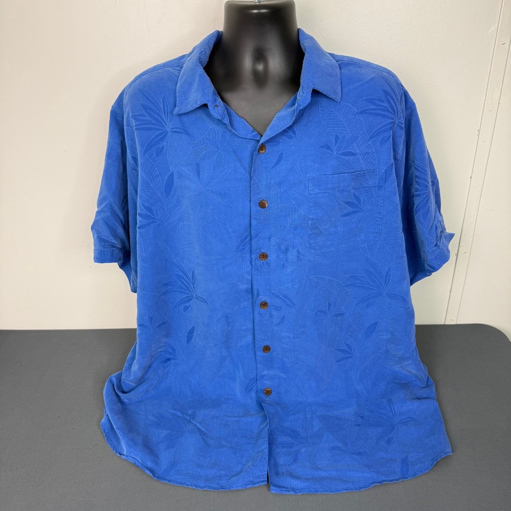Caribbean Button Down Mens 2XB Blue Tropical Jacquard Short Sleeve Shirt Light
